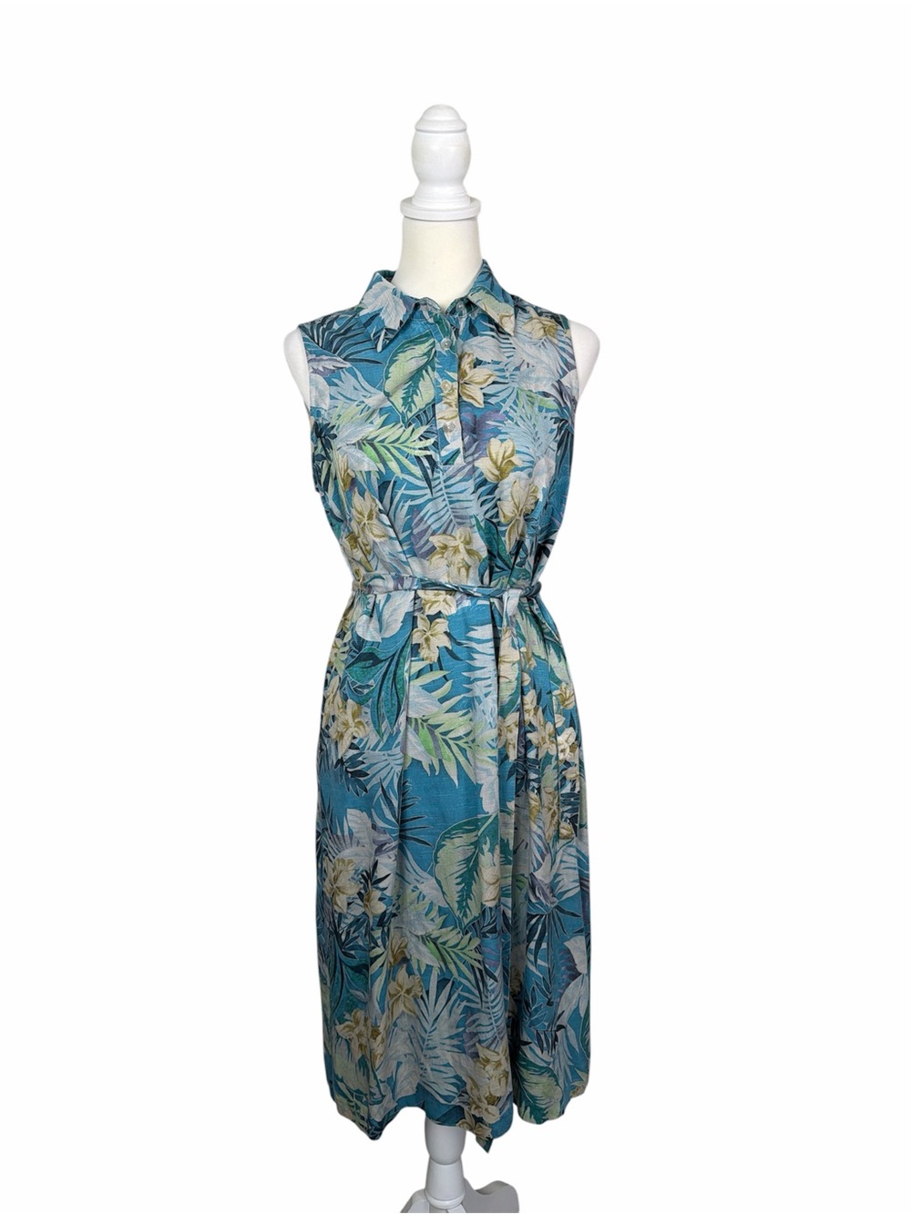 K Studio Tropical Hawaiian Midi Dress Blue Floral Leaf Print Belted Size 10